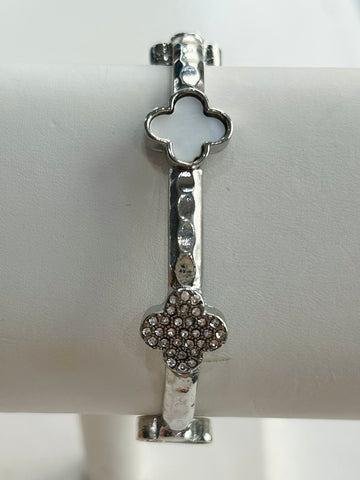 Bangle with Rhinestone & White Clovers - Silver