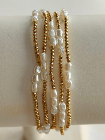 Set of Five Pearl Beaded Stretch Bracelets - Gold