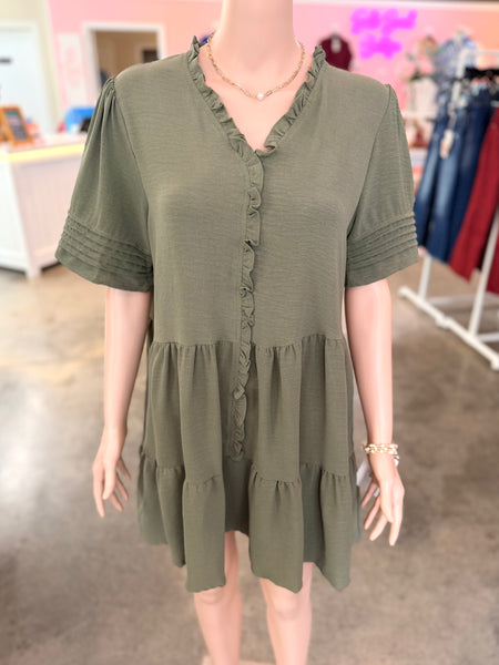 Pretty Pleats Mini Dress - Olive