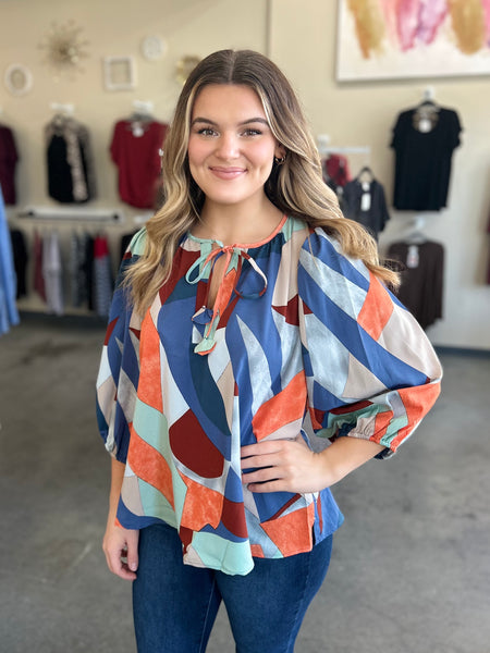 Printed Top With Tie - Navy Mix