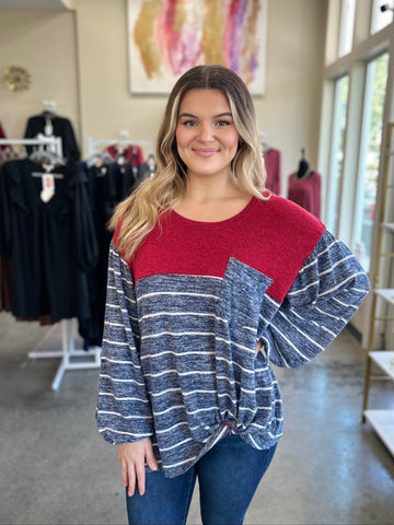 Heathered Stripe Puff Sleeve Top- Red