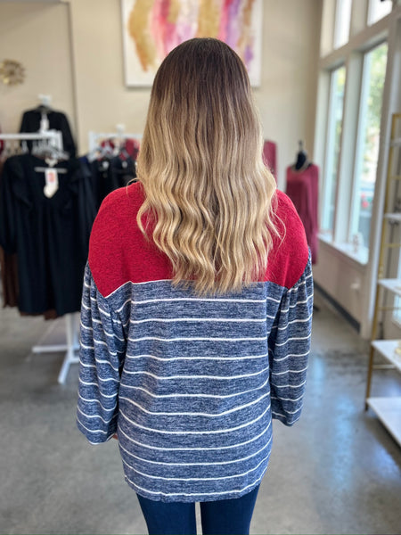 Heathered Stripe Puff Sleeve Top- Red