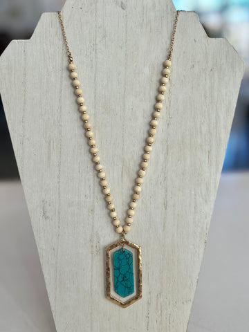 Beaded Wood Necklace with Turquoise Pendant