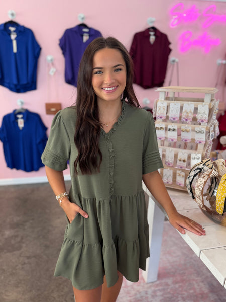 Pretty Pleats Mini Dress - Olive