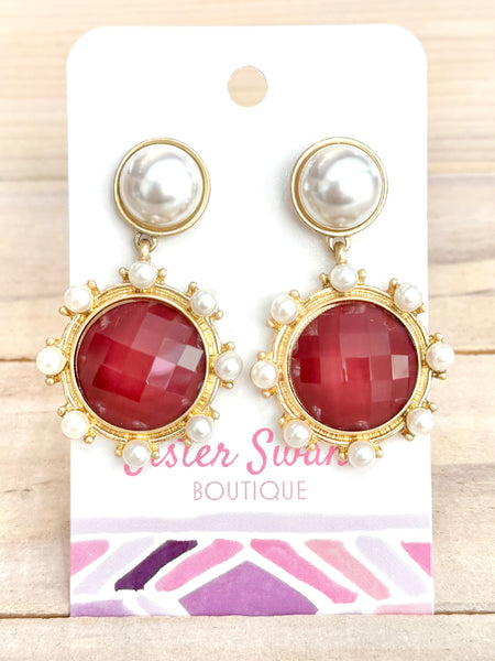 Daisy Drop Earrings - Maroon