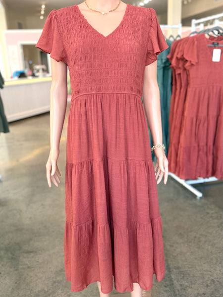 Flirty Flutter Dress - Rust