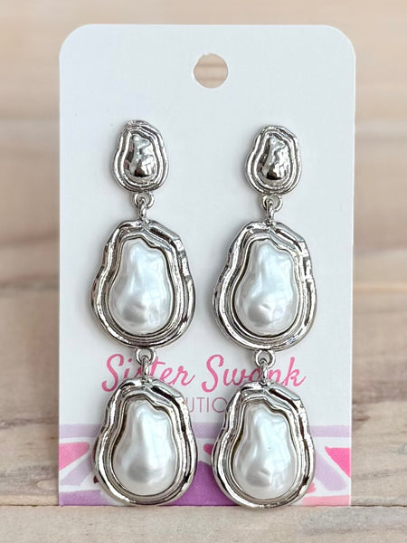 Pearl Charm Drop Earrings - Silver