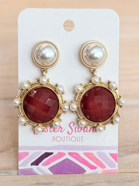 Daisy Drop Earrings - Maroon