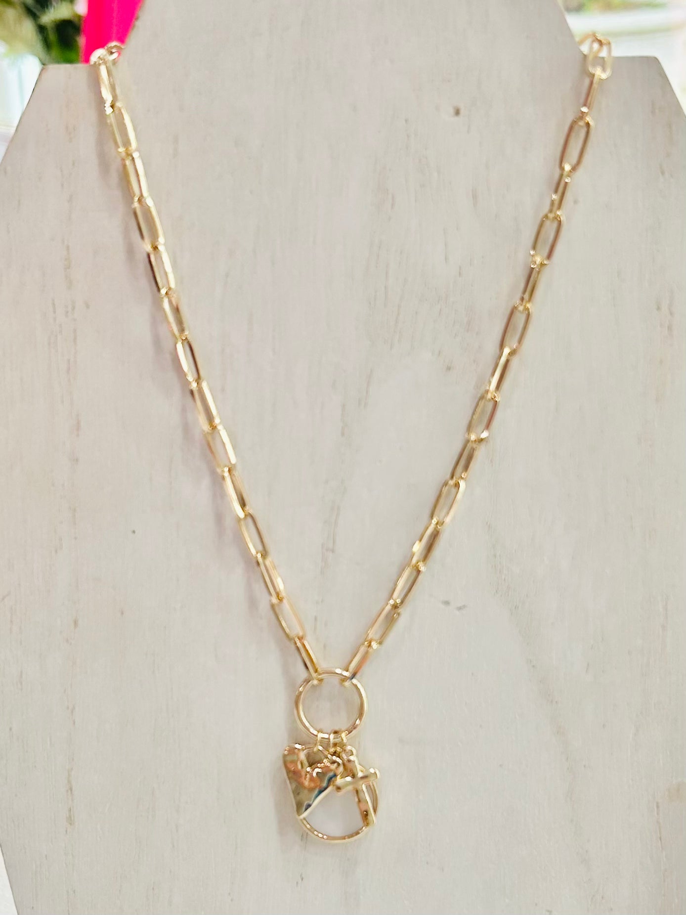 Paperclip Necklace with Heart, Cross, & Pearl