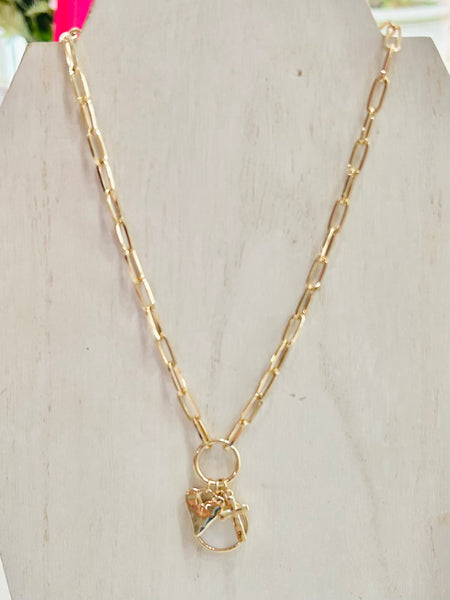 Paperclip Necklace with Heart, Cross, & Pearl