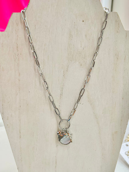 Paperclip Necklace with Heart, Cross, & Pearl