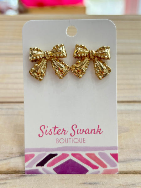 Chunky Metal Tone Bow Post Drop Earrings