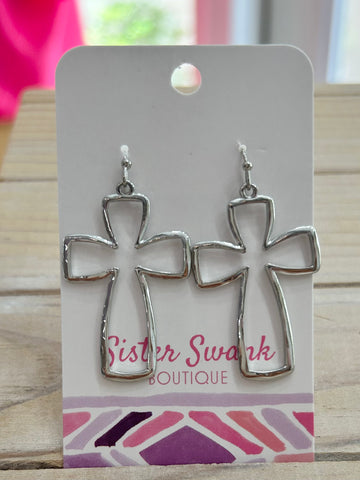 Rounded Metal Cross Drop Earrings - Silver