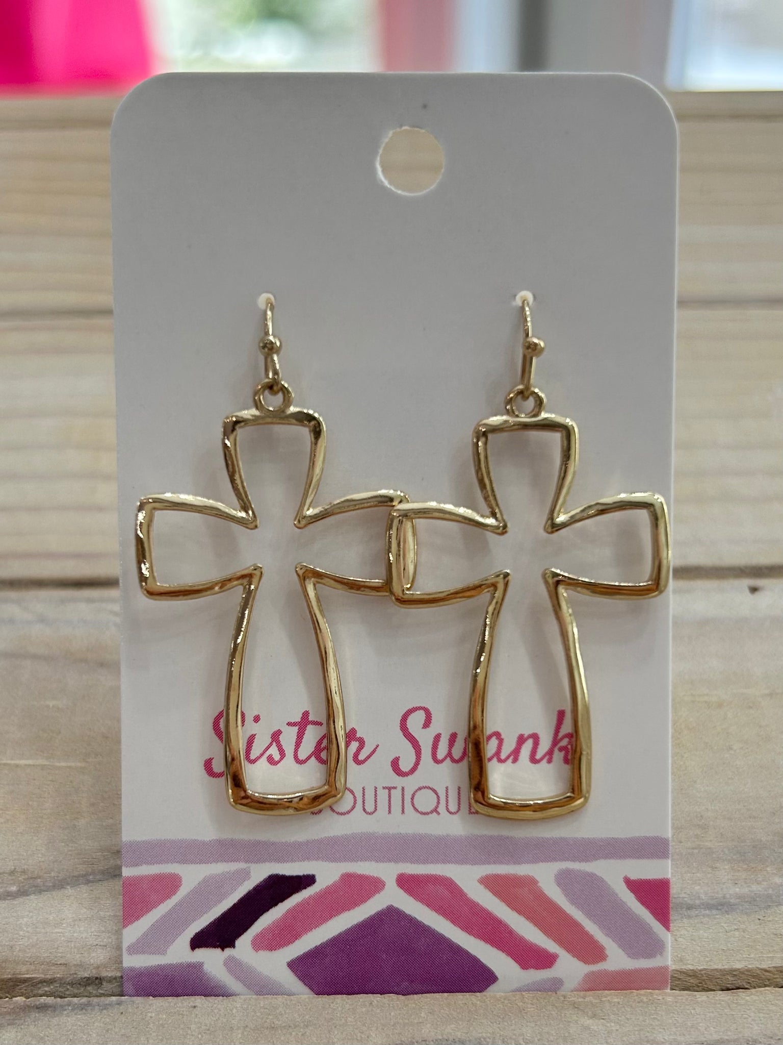 Rounded Metal Cross Drop Earrings - Gold