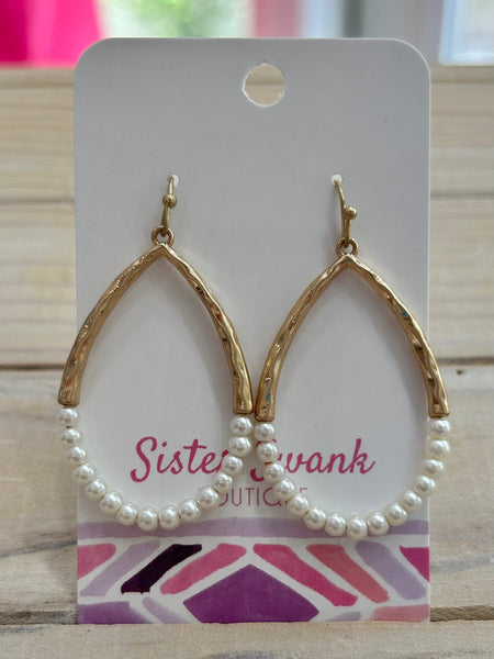 Hammered Metal & Pearl Teardrop Earrings