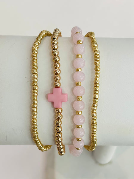 Beaded Bracelet Stack with Cross - Pink