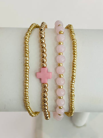 Beaded Bracelet Stack with Cross - Pink