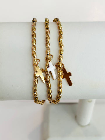 Beaded Bracelets with Cross Charms - Gold