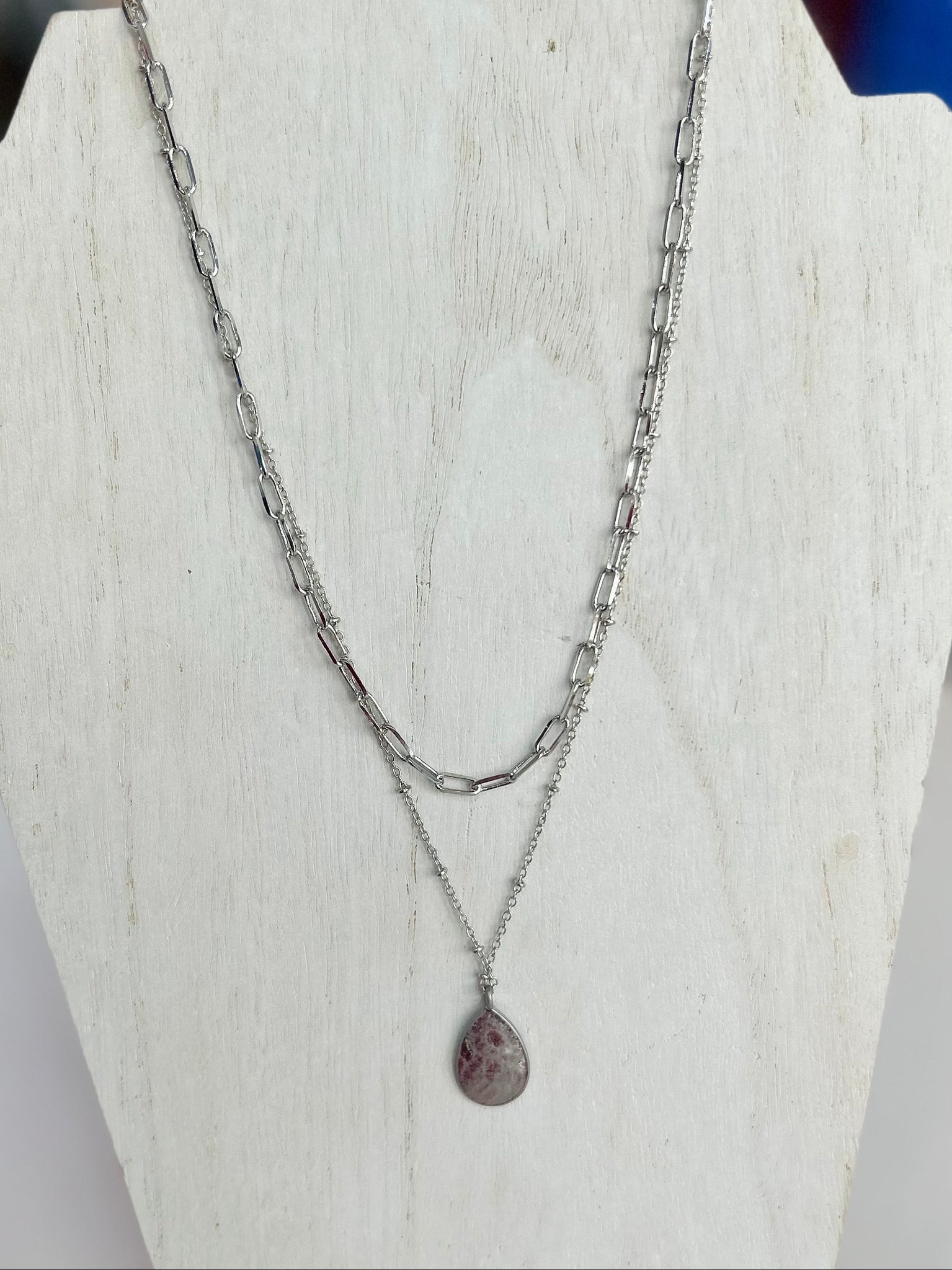 Layered Silver Chain Necklace With Teardrop Pendant