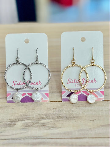 Textured Metal Hoop Drop Earrings With Pearl Charms