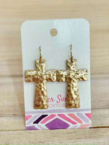 Hammered Cross Drop Earrings - Gold