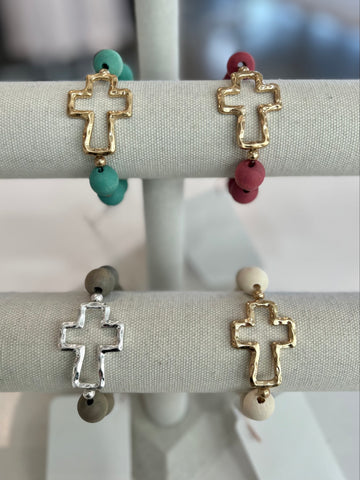 Wood Beaded Stretch Cross Bracelet