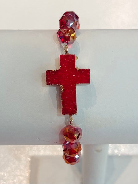 Crystal Cross Beaded Stretch Bracelet - Red
