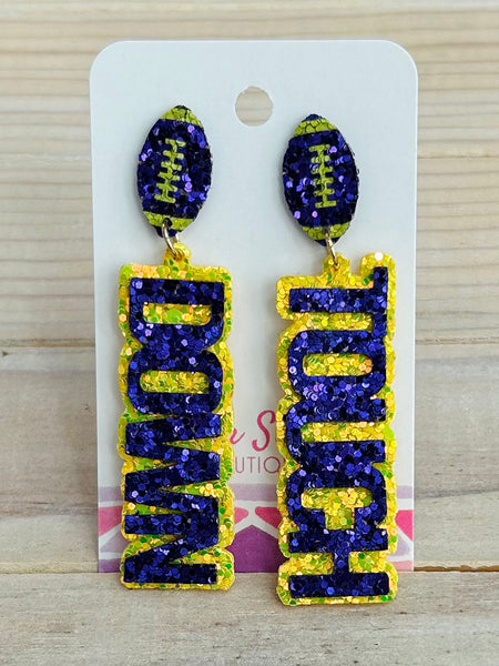 Touch Down Glitter Earrings - Purple/Yellow