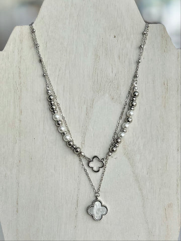 Layered Chain Link Necklace With Pearl Beads - Silver