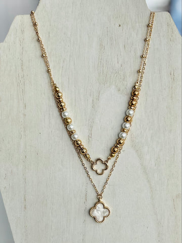 Layered Chain Link Necklace With Pearl Beads - Gold