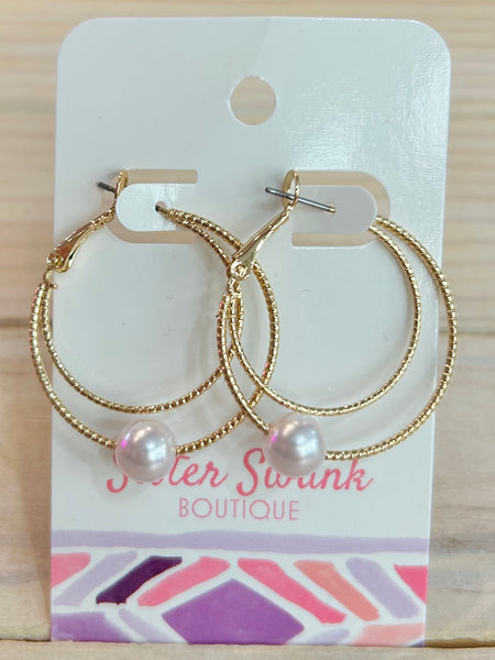 Metal Double Hoop Earrings with Pearl