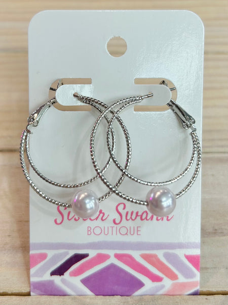 Metal Double Hoop Earrings with Pearl