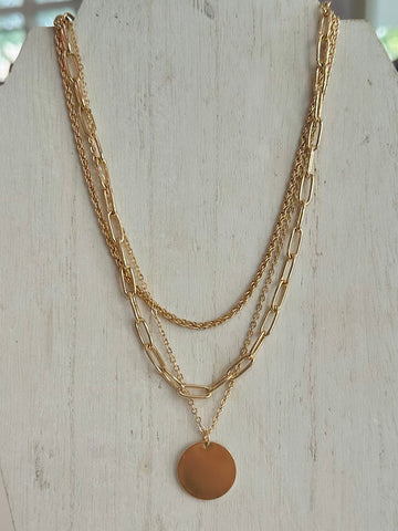 Layered Necklace with Circle Pendant - Gold