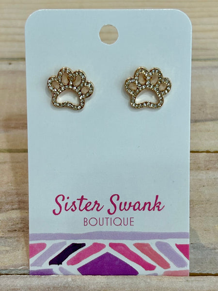 Sparkle Paw Print Stud Earrings - Gold