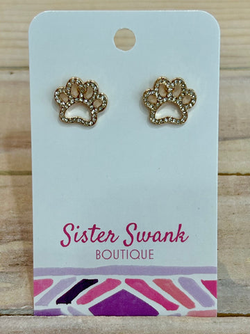 Sparkle Paw Print Stud Earrings - Gold