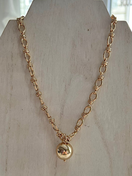 Oval Chain Necklace with Ball Pendant - Gold