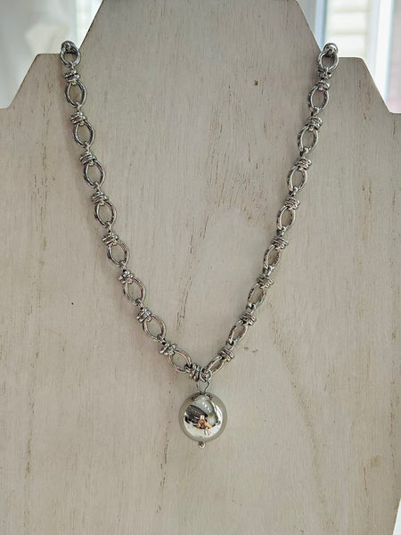 Oval Chain Necklace with Ball Pendant - Silver