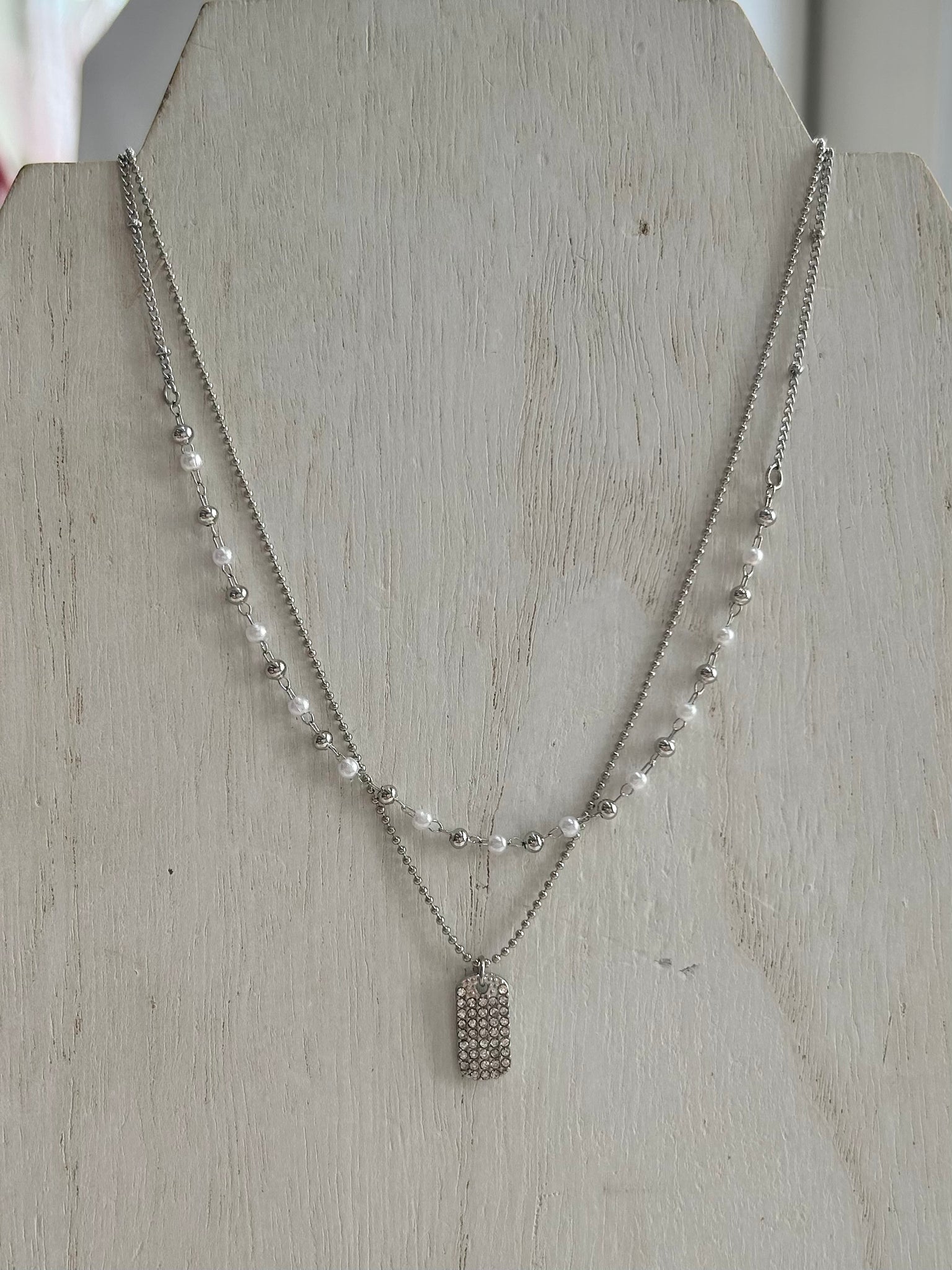 Layered Necklace With Pearls & Pave Tag Pendant - Silver