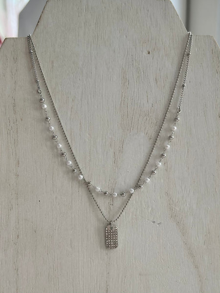 Layered Necklace With Pearls & Pave Tag Pendant - Silver