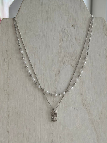 Layered Necklace With Pearls & Pave Tag Pendant - Silver