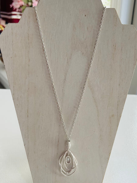 Geometric Pendant with Rhinestone Necklace - Silver
