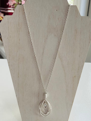 Geometric Pendant with Rhinestone Necklace - Silver