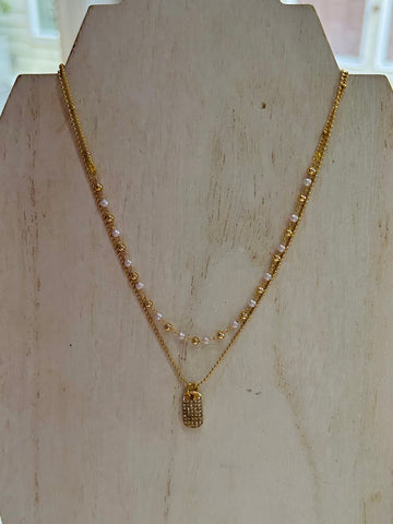 Layered Necklace With Pearls & Pave Tag Pendant - Gold