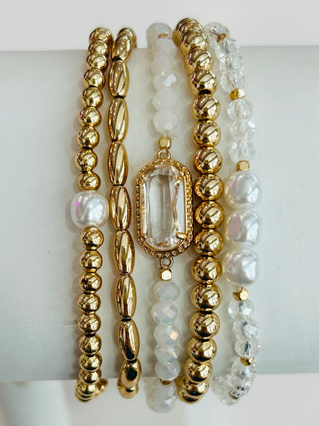 Glass Crystal Beaded Stretch Bracelet Set - White