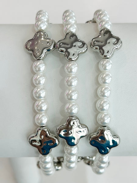 Pearl and Clover Beaded Stretch Bracelet Set - Silver