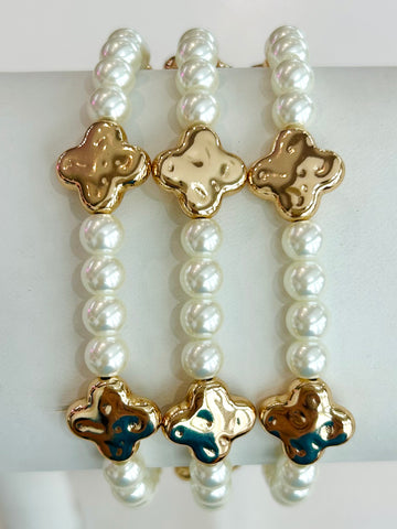 Pearl and Clover Beaded Stretch Bracelet Set - Gold