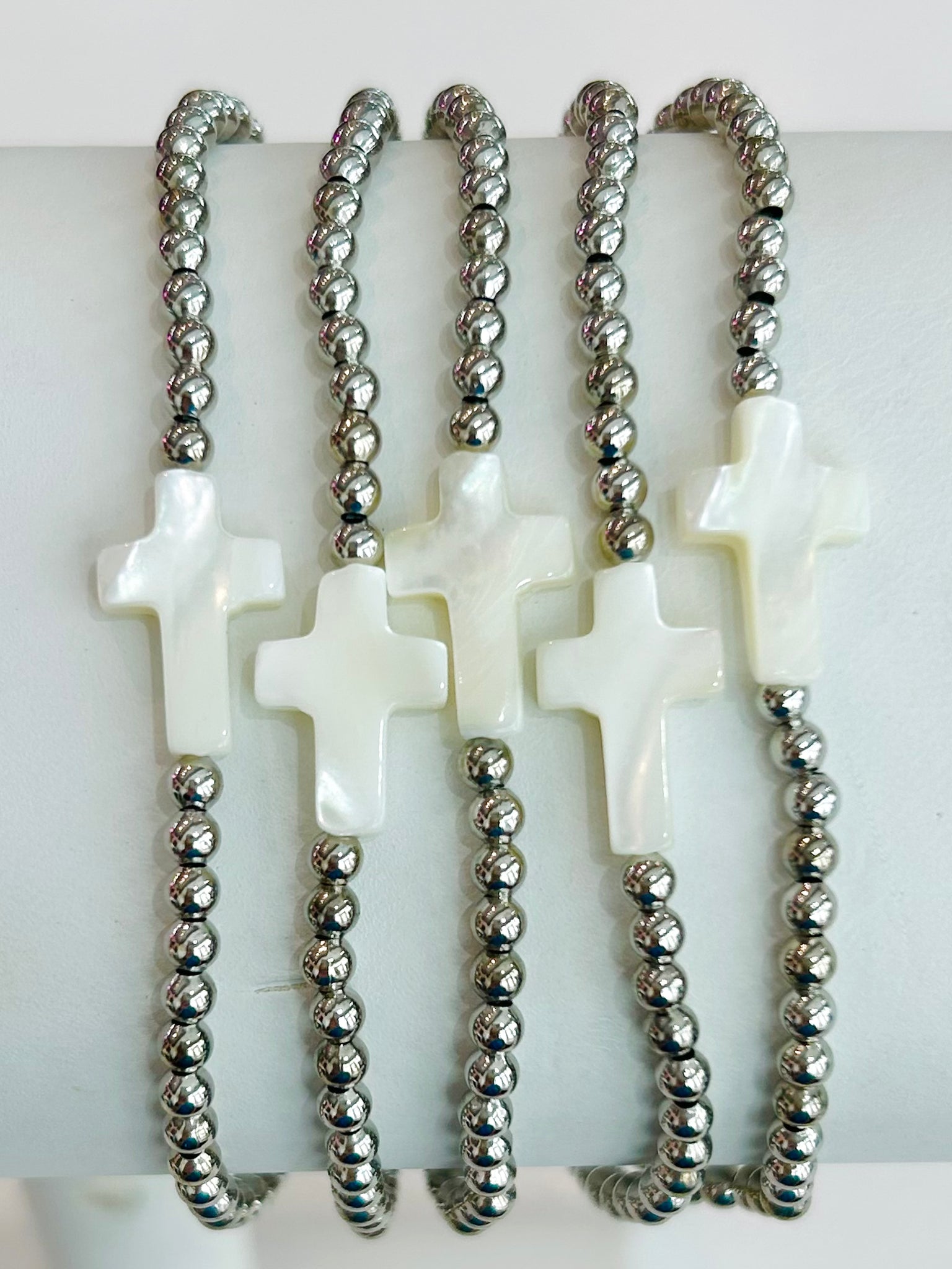 Set of Five Beaded Stretch Cross Bracelets - Silver