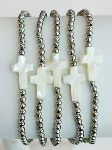 Set of Five Beaded Stretch Cross Bracelets - Silver