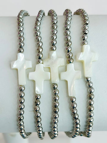 Set of Five Beaded Stretch Cross Bracelets - Silver