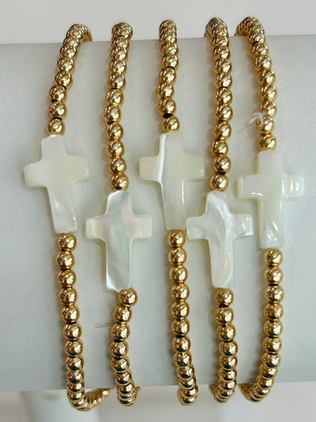 Set of Five Beaded Stretch Cross Bracelets - Gold